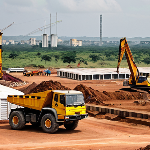 **

A bustling economic forum in Kinshasa, showcasing Chinese and Congolese business leaders discussing large infrastructure projects and mining investments. Focus on the contrast between modern construction equipment and the Congolese landscape. Consider adding a subtle representation of environmental concerns in the background.

**