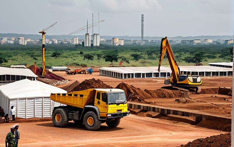 **

A bustling economic forum in Kinshasa, showcasing Chinese and Congolese business leaders discussing large infrastructure projects and mining investments. Focus on the contrast between modern construction equipment and the Congolese landscape. Consider adding a subtle representation of environmental concerns in the background.

**