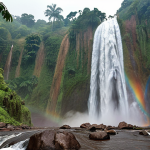Zongo Falls - Mami Wata Legend**

`A breathtaking view of Zongo Falls, Democratic Republic of Congo, with a faint, ethereal image of Mami Wata, a water spirit, emerging from the cascading water. Lush greenery surrounds the falls, and a vibrant rainbow arcs across the misty air. Focus on capturing the mystical atmosphere and the power of nature.`

**