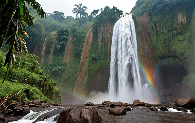 Zongo Falls - Mami Wata Legend**

`A breathtaking view of Zongo Falls, Democratic Republic of Congo, with a faint, ethereal image of Mami Wata, a water spirit, emerging from the cascading water. Lush greenery surrounds the falls, and a vibrant rainbow arcs across the misty air. Focus on capturing the mystical atmosphere and the power of nature.`

**