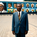 A dignified professional Zairian man, wearing a modest, dark abacost, stands in a bustling public square in Kinshasa during the 1980s. The background features a subtle, slightly faded mural of Mobutu Sese Seko, reflecting the pervasive cult of personality. Surrounding him, daily life continues, with people in modest clothing, and elements of aging urban infrastructure. The overall scene is a nuanced portrayal of a nation striving amidst ideological impositions. This is a realistic, professional photograph with natural lighting, fully clothed, appropriate attire, safe for work, perfect anatomy, correct proportions, natural pose, well-formed hands, proper finger count, natural body proportions, family-friendly.