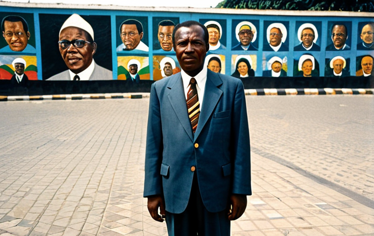 A dignified professional Zairian man, wearing a modest, dark abacost, stands in a bustling public square in Kinshasa during the 1980s. The background features a subtle, slightly faded mural of Mobutu Sese Seko, reflecting the pervasive cult of personality. Surrounding him, daily life continues, with people in modest clothing, and elements of aging urban infrastructure. The overall scene is a nuanced portrayal of a nation striving amidst ideological impositions. This is a realistic, professional photograph with natural lighting, fully clothed, appropriate attire, safe for work, perfect anatomy, correct proportions, natural pose, well-formed hands, proper finger count, natural body proportions, family-friendly.