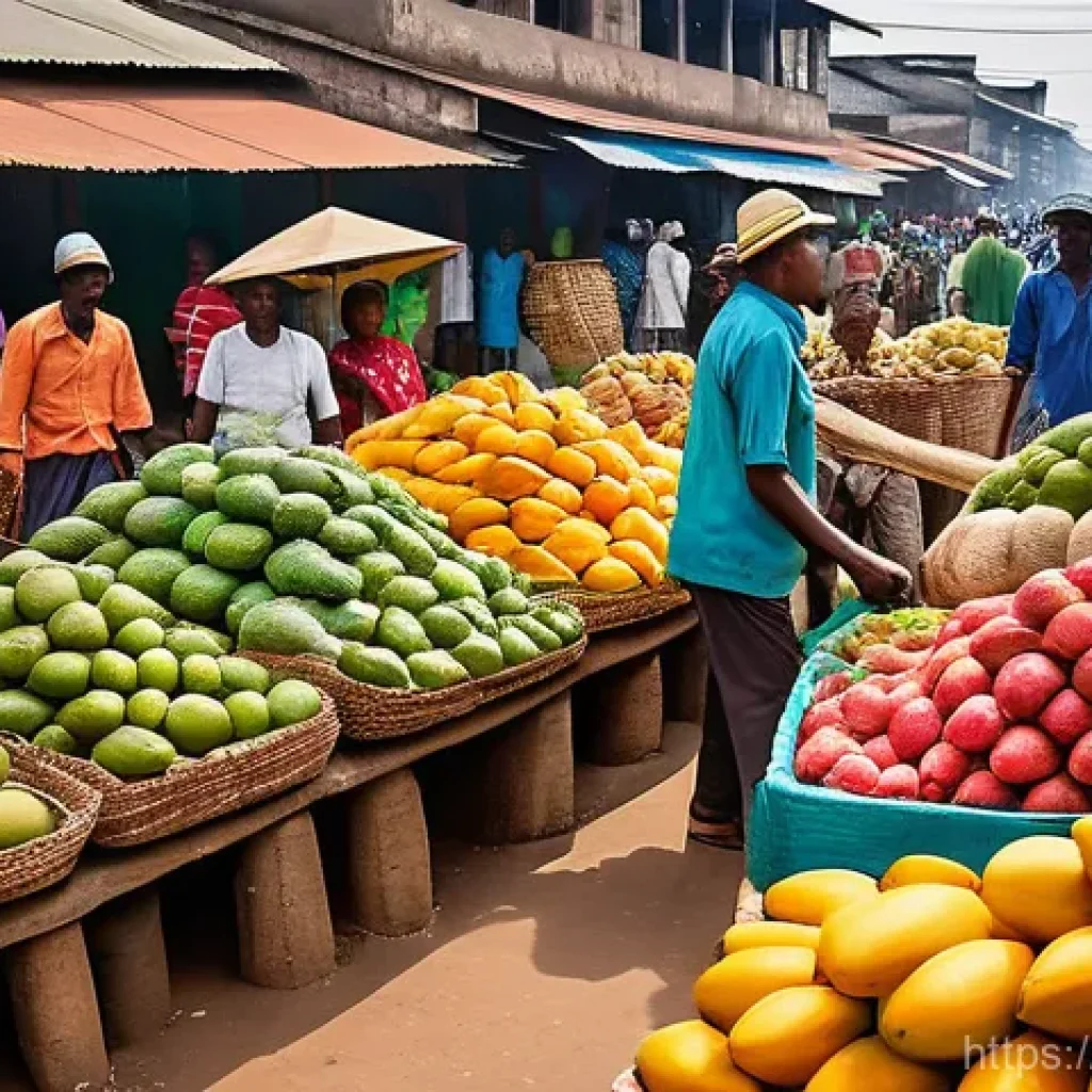 콩고의 전통시장 탐방 - **Vibrant Congolese Grand Market Scene:**
    A wide-angle, highly detailed photograph of a bustling...
