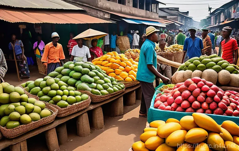 콩고의 전통시장 탐방 - **Vibrant Congolese Grand Market Scene:**
    A wide-angle, highly detailed photograph of a bustling...