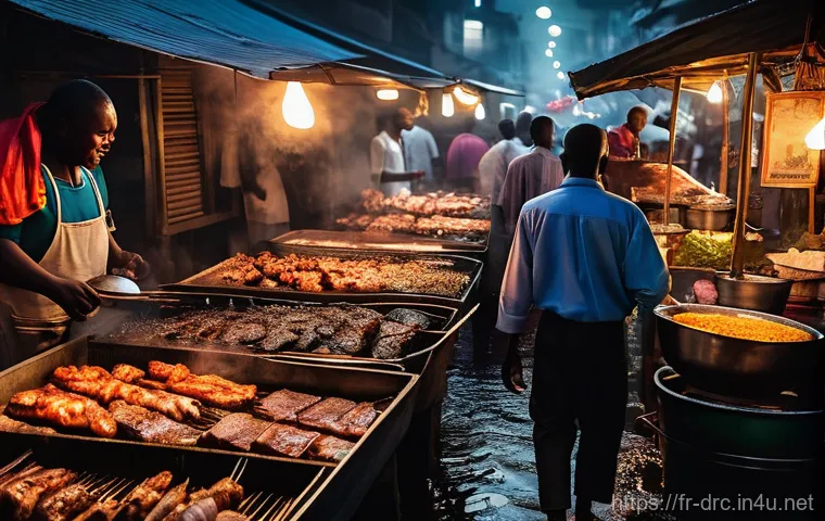 콩고의 전통시장 탐방 - **"Maman" Seller at a Food Stall:**
    A medium close-up, authentic shot of a resilient and welcomi...