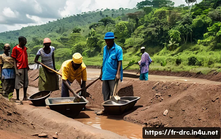 콩고 민주 공화국과 주변국 관계 - **Prompt 1: Artisanal Mining Community in Lush Congolese Landscape**
"A photorealistic, wide-ang...