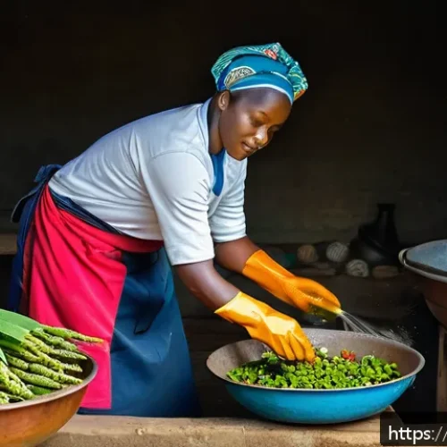 콩고 음식 위생 및 건강 관리 - A vibrant Congolese kitchen scene showing a skilled cook wearing clean, colorful traditional clothin...