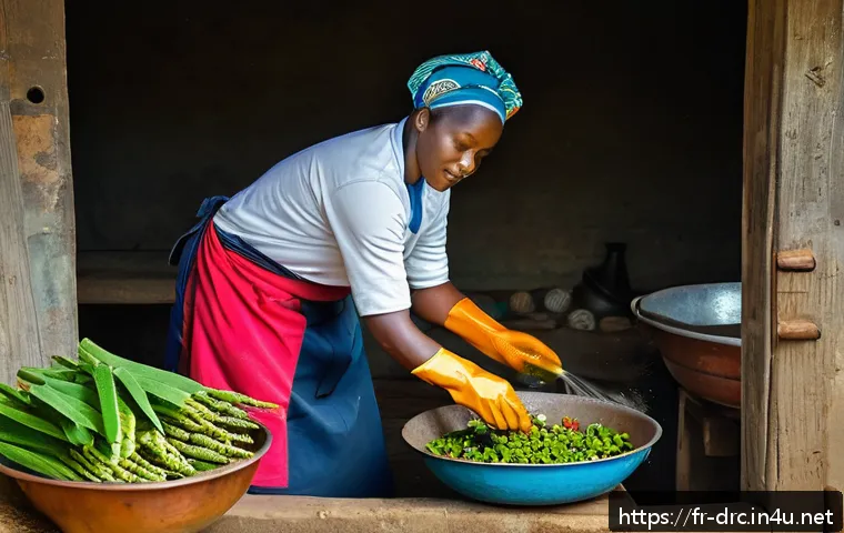 콩고 음식 위생 및 건강 관리 - A vibrant Congolese kitchen scene showing a skilled cook wearing clean, colorful traditional clothin...