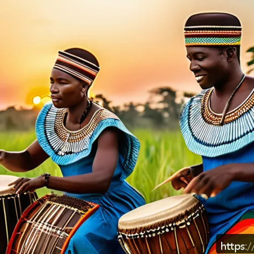 콩고 전통 악기 종류 - A vibrant scene of a traditional Congolese music performance outdoors at sunset, featuring skilled m...