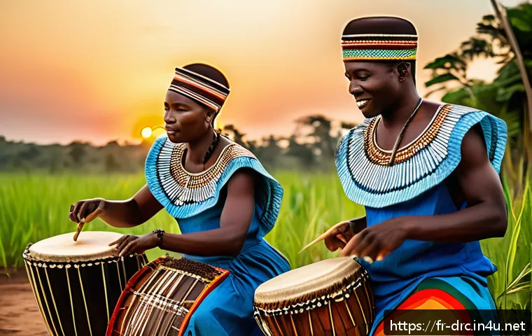 콩고 전통 악기 종류 - A vibrant scene of a traditional Congolese music performance outdoors at sunset, featuring skilled m...