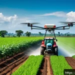 콩고 농업과 주요 작물 - A vibrant rural Congolese farm scene showcasing modern agricultural technology: a group of adult far...