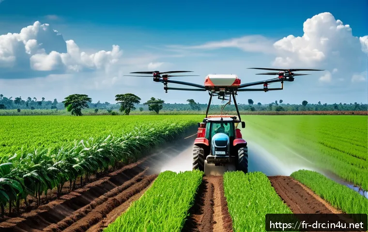 콩고 농업과 주요 작물 - A vibrant rural Congolese farm scene showcasing modern agricultural technology: a group of adult far...
