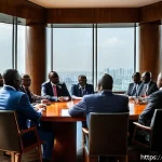 콩고 민주 공화국 현재 정치 상황 - A detailed scene depicting a political meeting room in Kinshasa, Congo, showing diverse Congolese po...