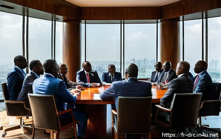 콩고 민주 공화국 현재 정치 상황 - A detailed scene depicting a political meeting room in Kinshasa, Congo, showing diverse Congolese po...