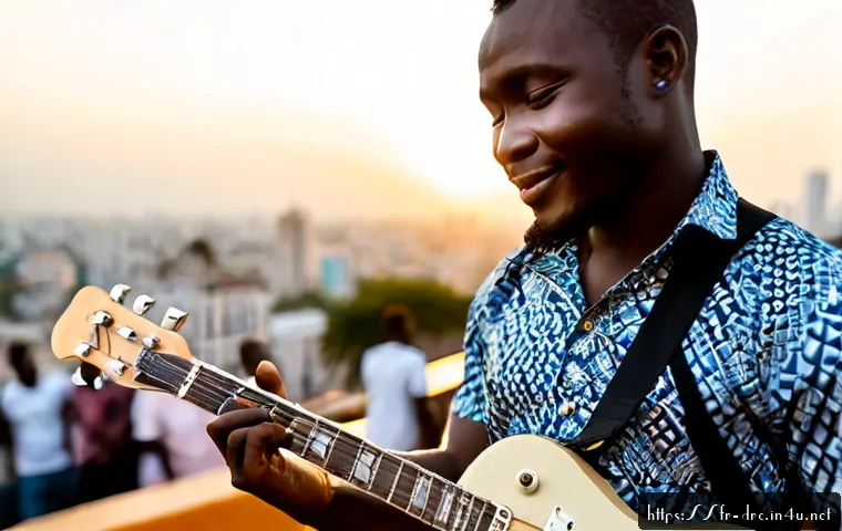 콩고 출신 유명 아티스트와 음악가 - Photorealistic portrait of a celebrated Congolese soukous guitarist performing on an open-air Kinsha...