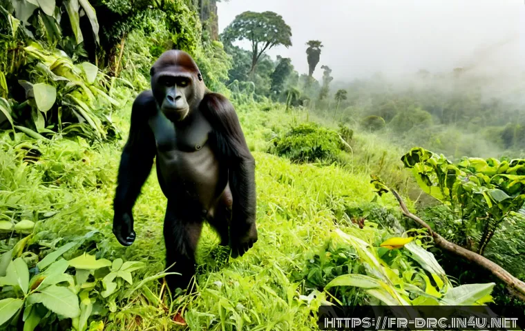 콩고 고릴라 보호구역의 역사적 가치 - Photorealistic wide-angle view of a Congo rainforest gorilla sanctuary at dawn, a calm western lowla...