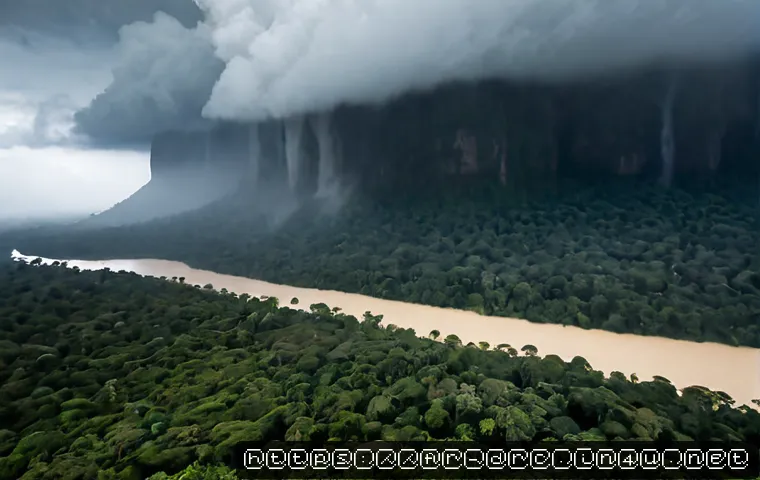 콩고의 주요 기후와 날씨 변화 - Photorealistic wide landscape of the Congo Basin rainforest during the peak rainy season, towering e...